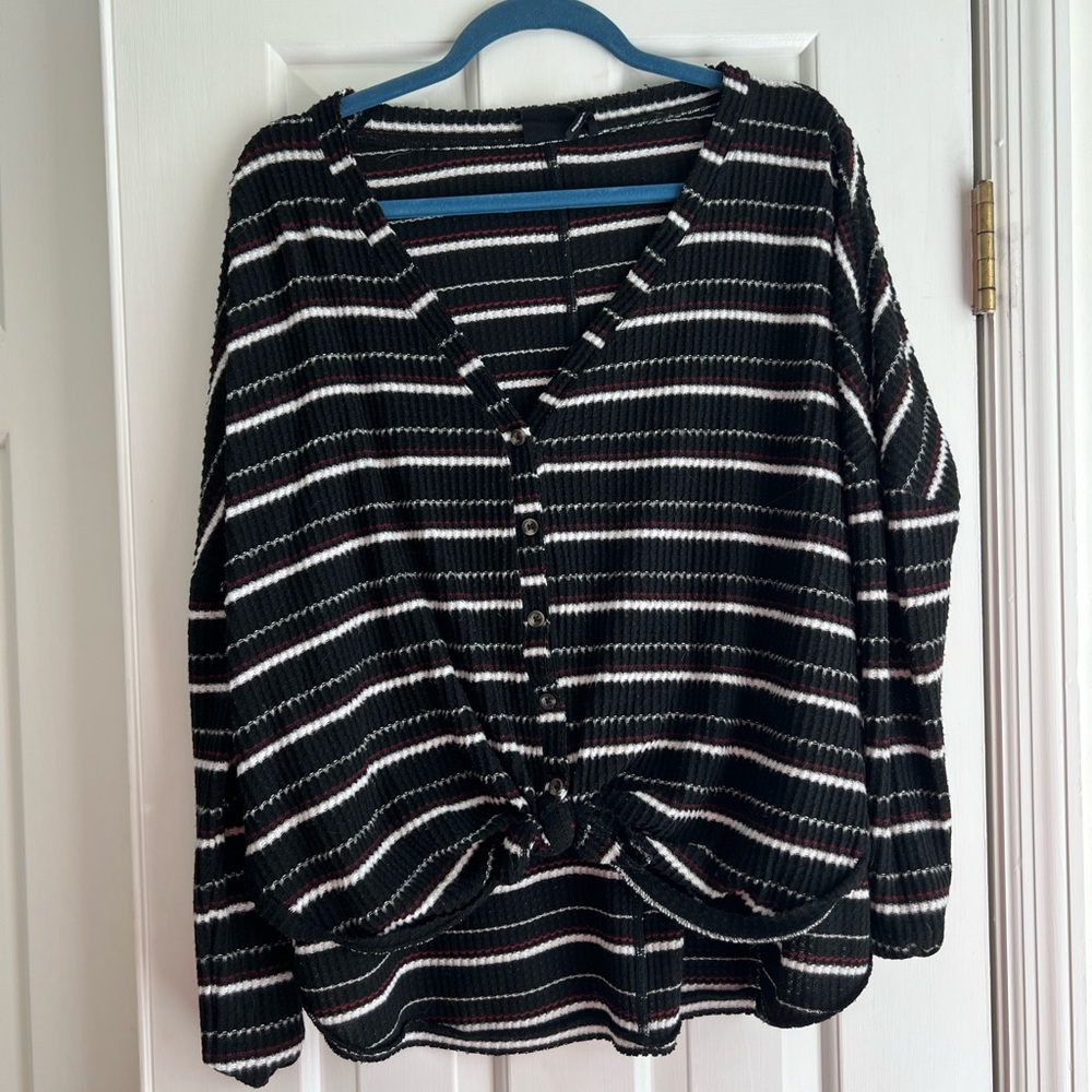 Black and White Striped Button-Up Top